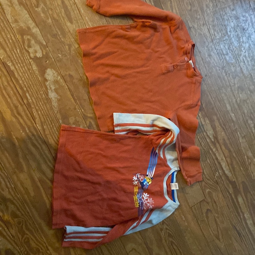 Two orange thermal warm shirt. One Talbot Henley and long sleeve ski shirt